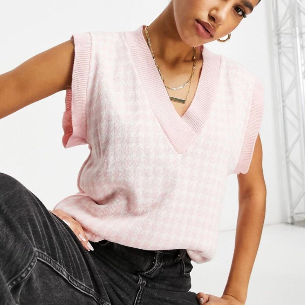 NaaNaa Pink And White Knit Sweater Vest Houndstooth V-Neck Sleeveless Size S/M